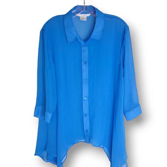 Como Turquoise Top 3/4 Sleeve Chiffon Button Front Short Long Sz L‎ - Picture 1 of 9